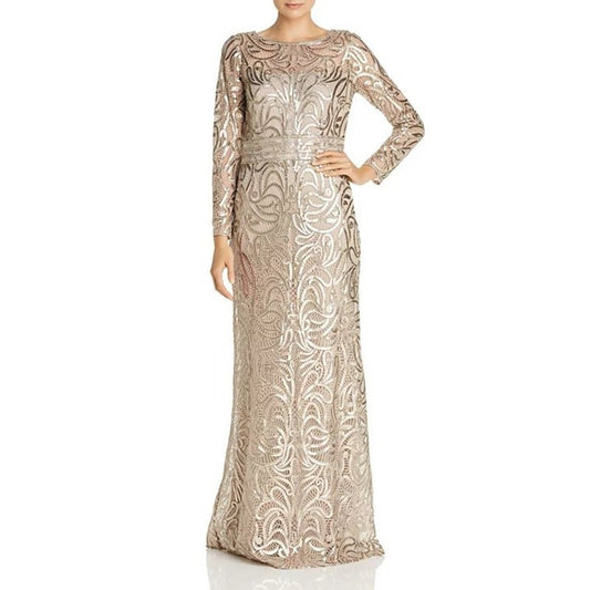 Tadashi Shoji Sand Lace Sequin Embellished Long Sleeve Maxi Evening Dress