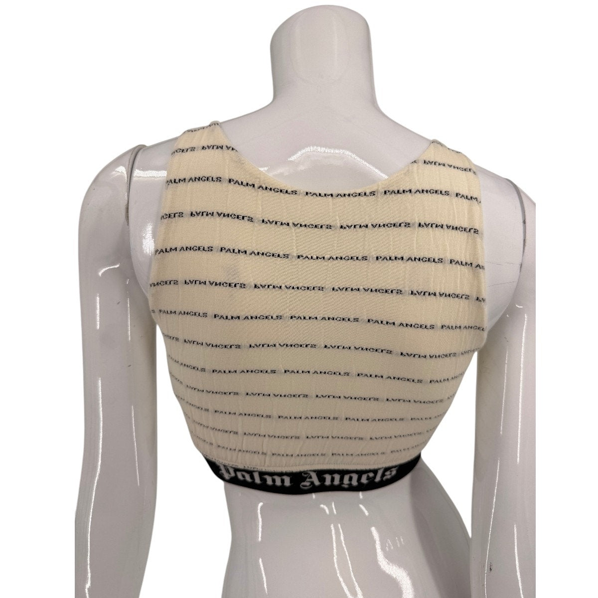 Palm Angels Cotton Blend Logo Print Crinkled Jersey Crop Top Cream Women's XS
