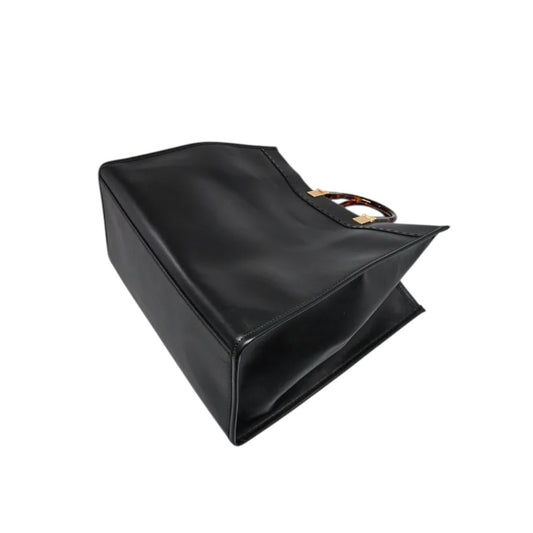 Fendi Calfskin Leather Logo Medium Sunshine Shopper Tote Bag Black