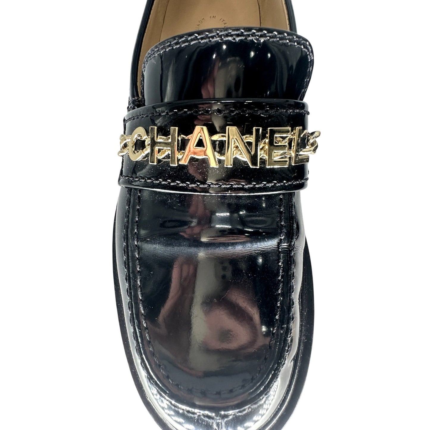 Chanel Patent Leather Logo Chain Flat Loafers
