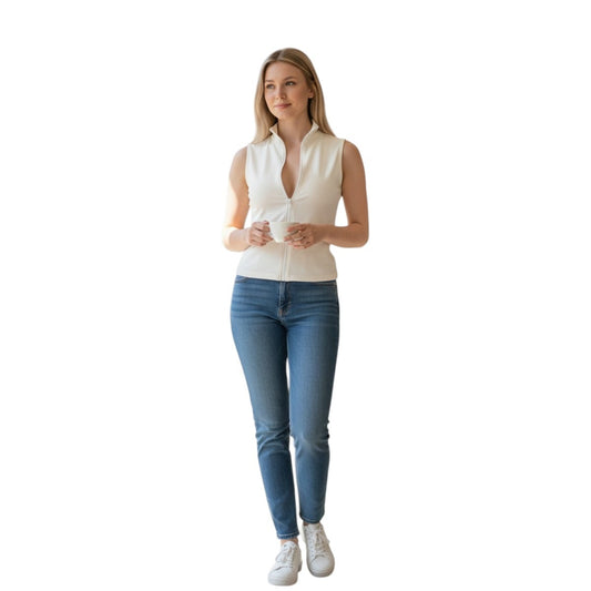 Port de Bras Crop Zip Front High Neck Sleeveless Top