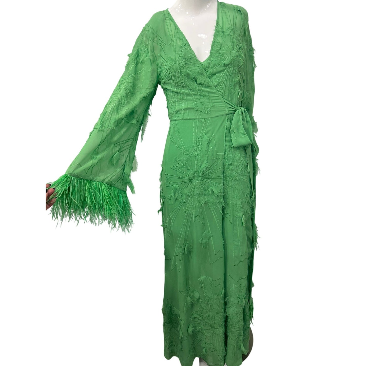 Alexis Kalin Feather Trim Long Sleeve Wrap Maxi Dress Green Women's Size S