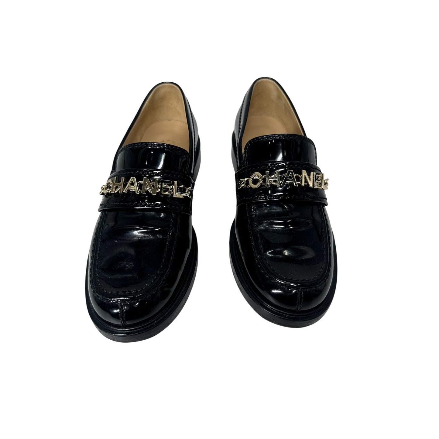 Chanel Patent Leather Logo Chain Flat Loafers