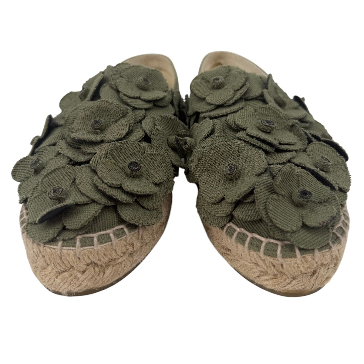 Chanel Camellia Espadrilles Olive Green Slip On Canvas Flats Size 37 / US 6.5