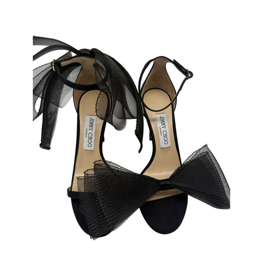 Jimmy Choo Suede Aveline Mesh Bow Accent Heeled Sandals