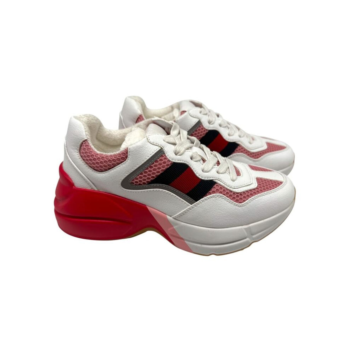 Gucci White Pink Reflective Leather Mesh Rhyton Trainer Sneakers