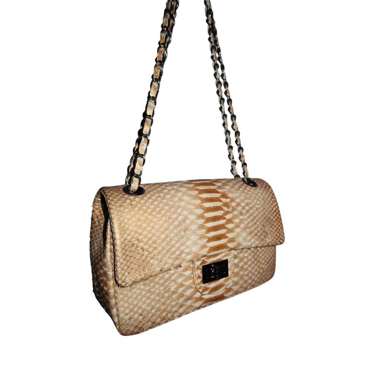 Toya Tan Gold Cream Python Snake Skin Designer Chain Shoulder Bag