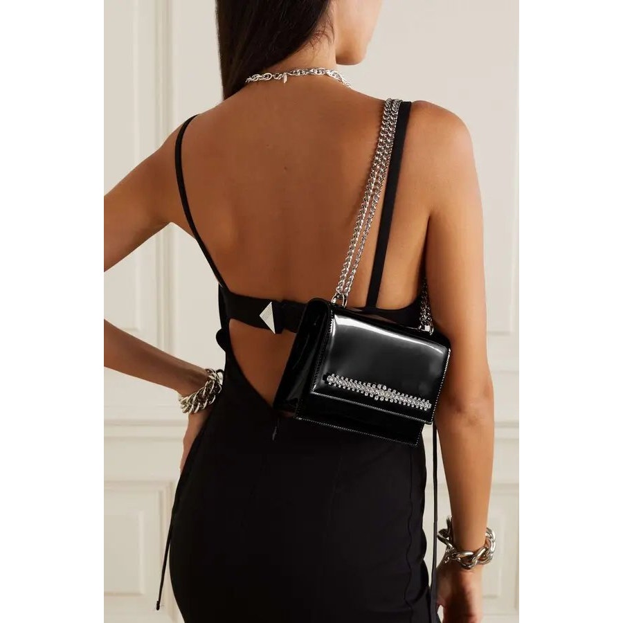 Jimmy Choo Patent Leather Crystal Embellished Chain Strap Shoulder Bag
