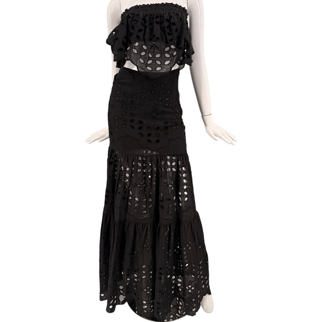 Luxxel Palm Chains Eyelet Embroidered Two Piece Maxi Skirt Set Black Women's S