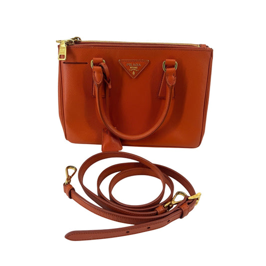 Prada Galleria Saffiano Leather Small Double Zip Tote Orange Gold Hardware Strap