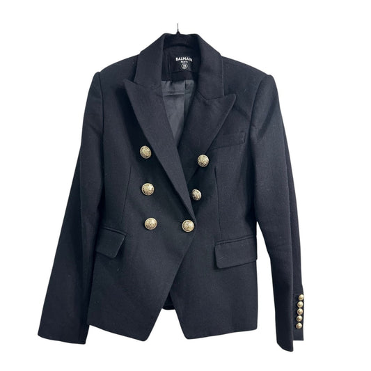 Balmain Double Breasted Wool Blazer Navy Blue Gold Button