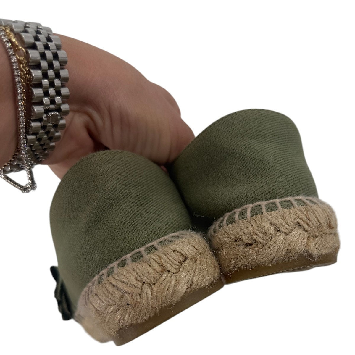 Chanel Camellia Espadrilles Olive Green Slip On Canvas Flats Size 37 / US 6.5