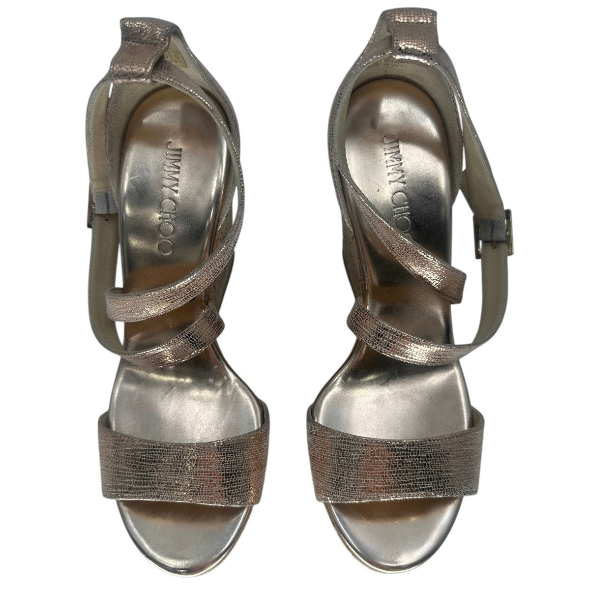 Jimmy Choo Metallic Leather Portia Cork Wedge Sandals