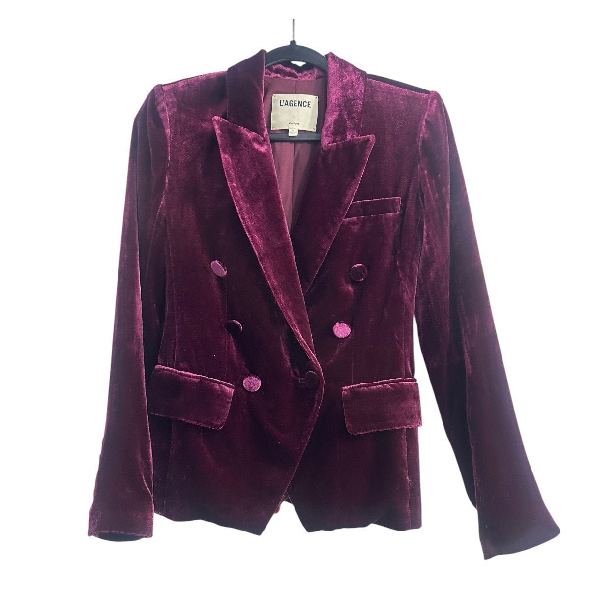 L'AGENCE Marie Silk Blend Double Breasted Velvet Blazer Dark Port Women's Sz 00