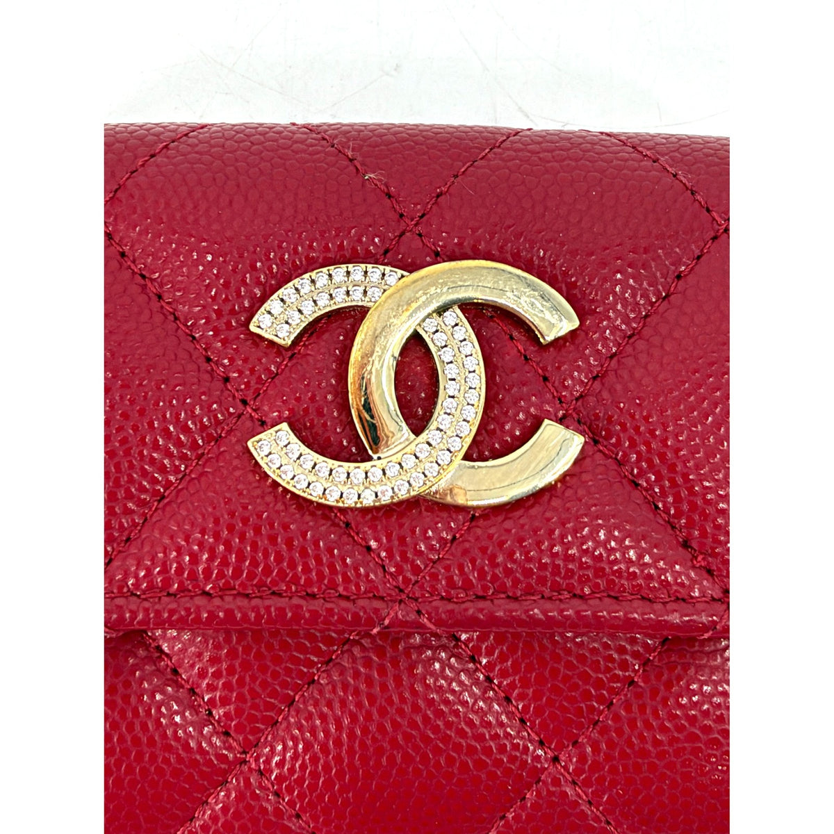 Chanel Red Caviar Quilted Compact Flap Wallet Crystal CC Gold Hardware