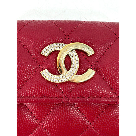 Chanel Red Caviar Quilted Compact Flap Wallet Crystal CC Gold Hardware