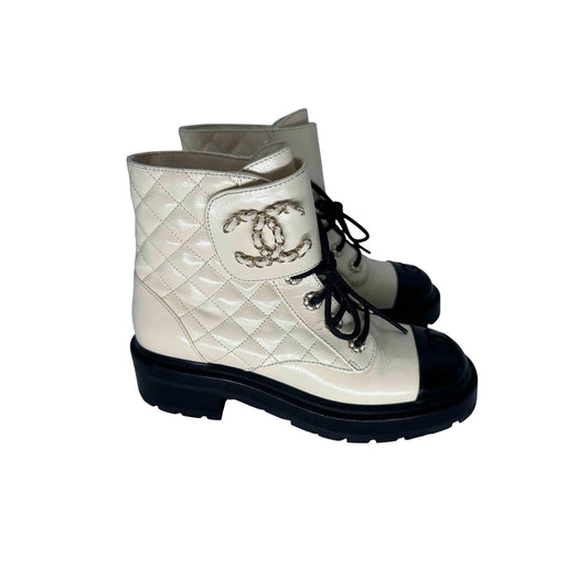 Chanel Leather Quilted CC Logo Lace Up Combat Boots