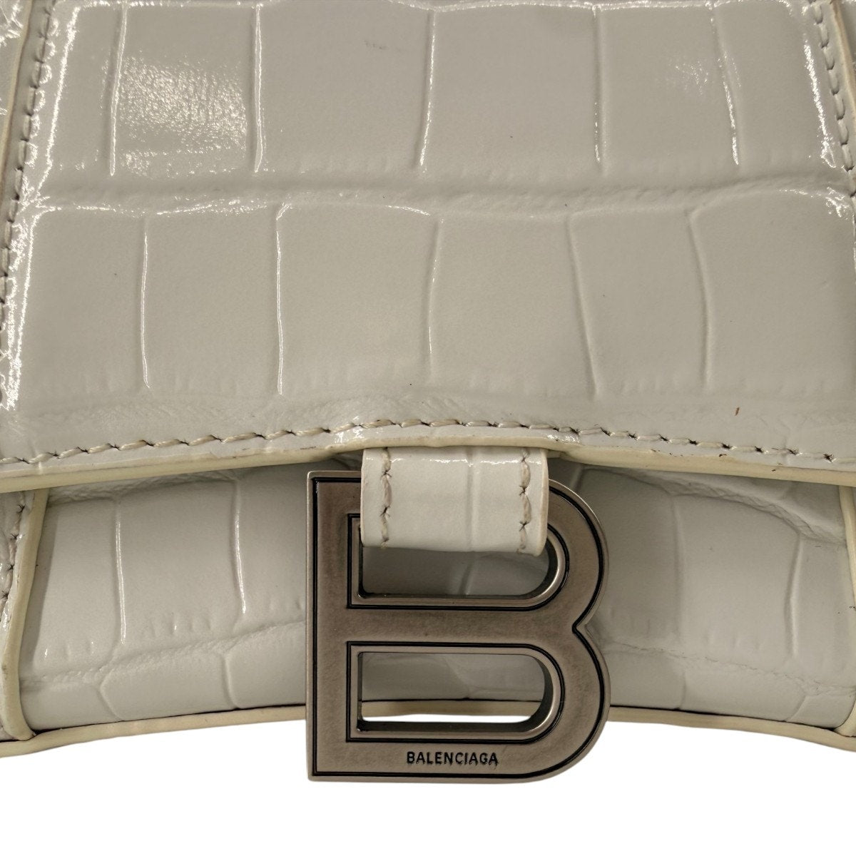 Balenciaga Hourglass Croc Embossed Leather Top Handle Bag White