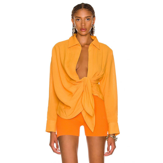 Jacquemus La Chemise Bahia Front Knot Long Sleeve Shirt