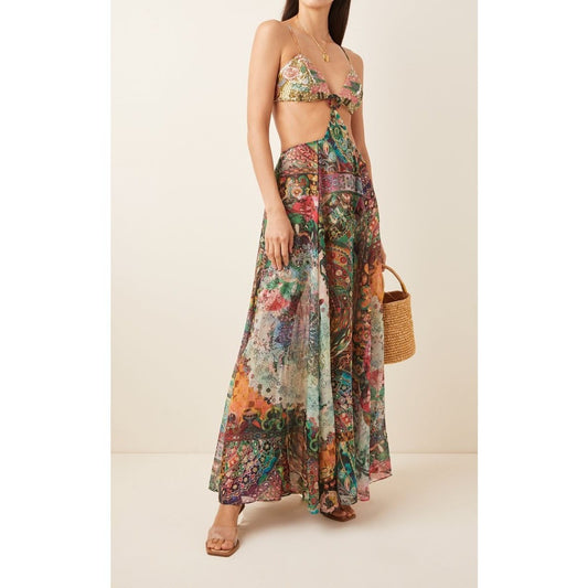 Alexis Sequined Paisley Print Cut-Out Pleated Maxi Dress