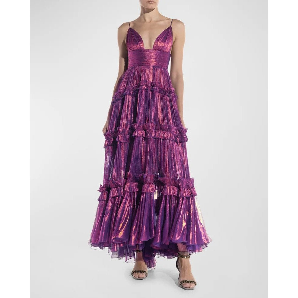 Maria Lucia Hohan Elaine Plunging Mettalic Plisse Tiered Gown Purple Size US 10