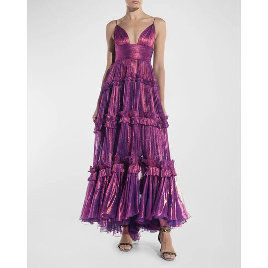 Maria Lucia Hohan Elaine Plunging Mettalic Plisse Tiered Gown Purple Size US 10