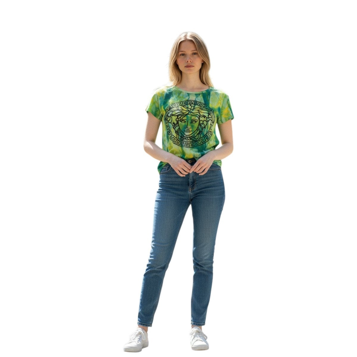 Versace Cotton Jersey Tie-Dye Medusa Print T-Shirt Green Women's Size 38