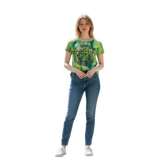 Versace Cotton Jersey Tie-Dye Medusa Print T-Shirt Green Women's Size 38