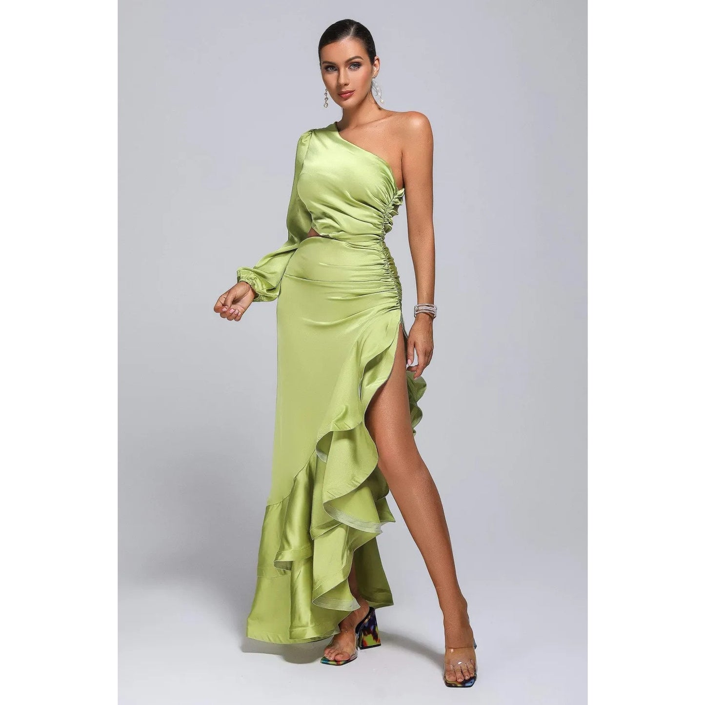 Love Lemonade One-Shoulder Asymmetric Ruffle Dress Green