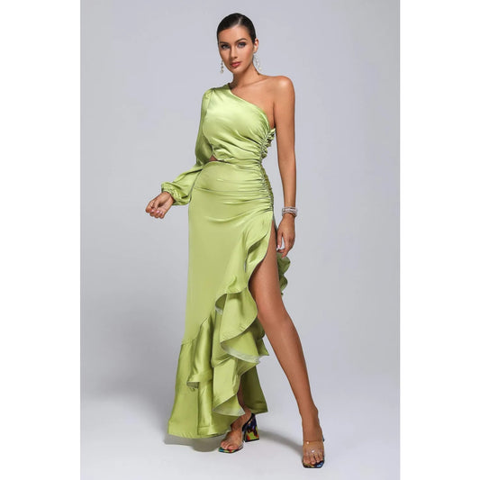 Love Lemonade One-Shoulder Asymmetric Ruffle Dress Green