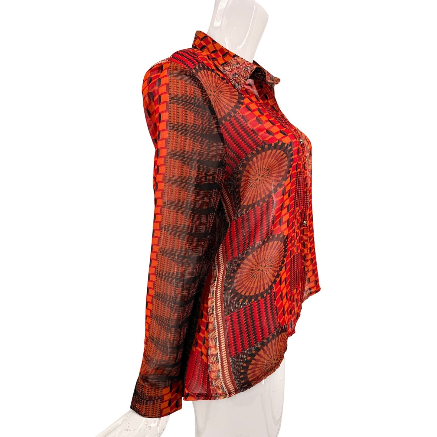 Sans Souci Sheer Geometric Print Button Front Blouse