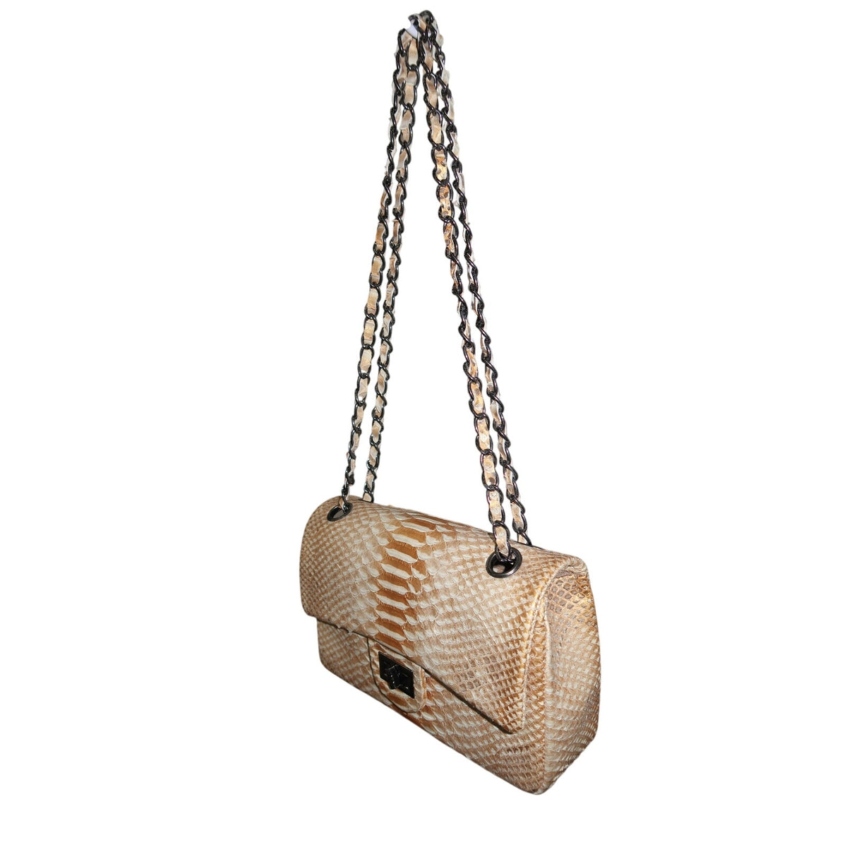 Toya Tan Gold Cream Python Snake Skin Designer Chain Shoulder Bag