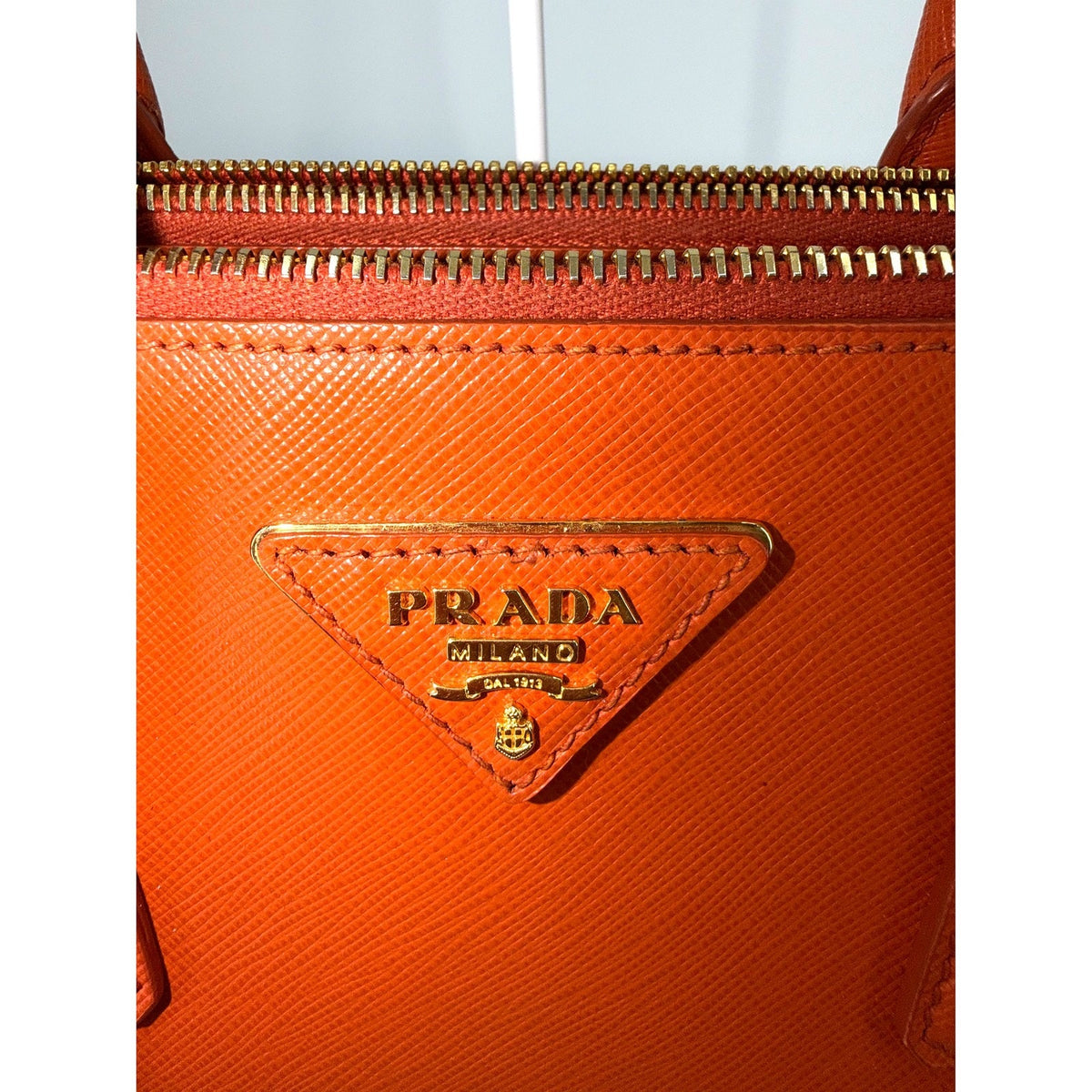 Prada Galleria Saffiano Leather Small Double Zip Tote Orange Gold Hardware Strap