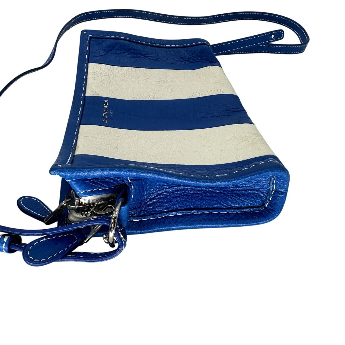Balenciaga Lambskin Leather Bazar Striped Crossbody Zip Pouch Bag Blue White