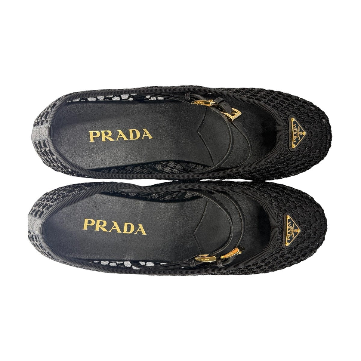 Prada Mesh Logo Calzature Donna Double Straps Ballerina Flats Black Size 37.5