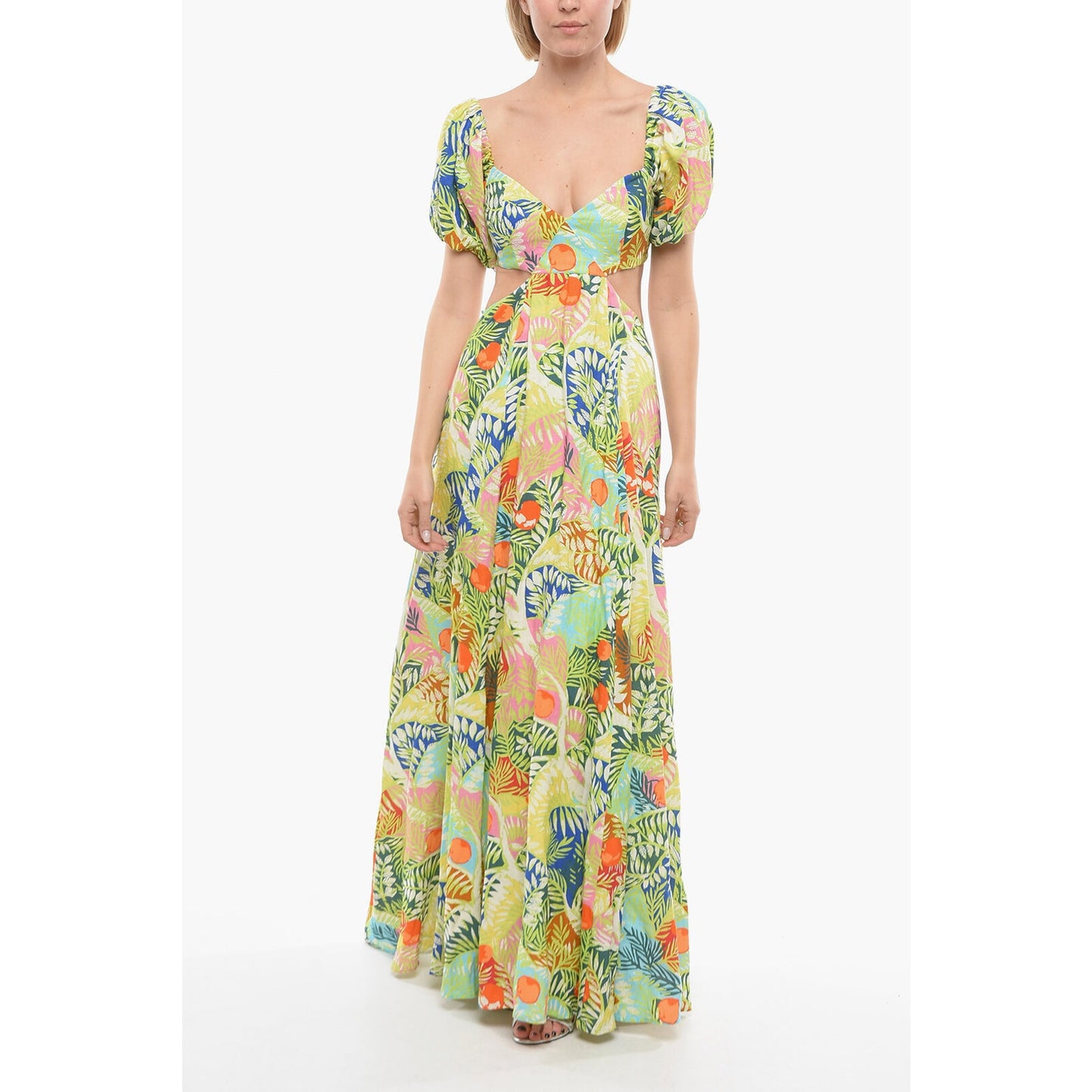 Staud Linen Plant Motif Puff Sleeve Cut-Out Coliseum Maxi Dress