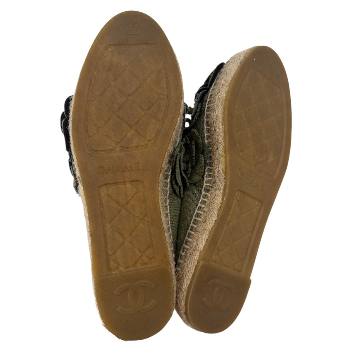 Chanel Camellia Espadrilles Olive Green Slip On Canvas Flats Size 37 / US 6.5