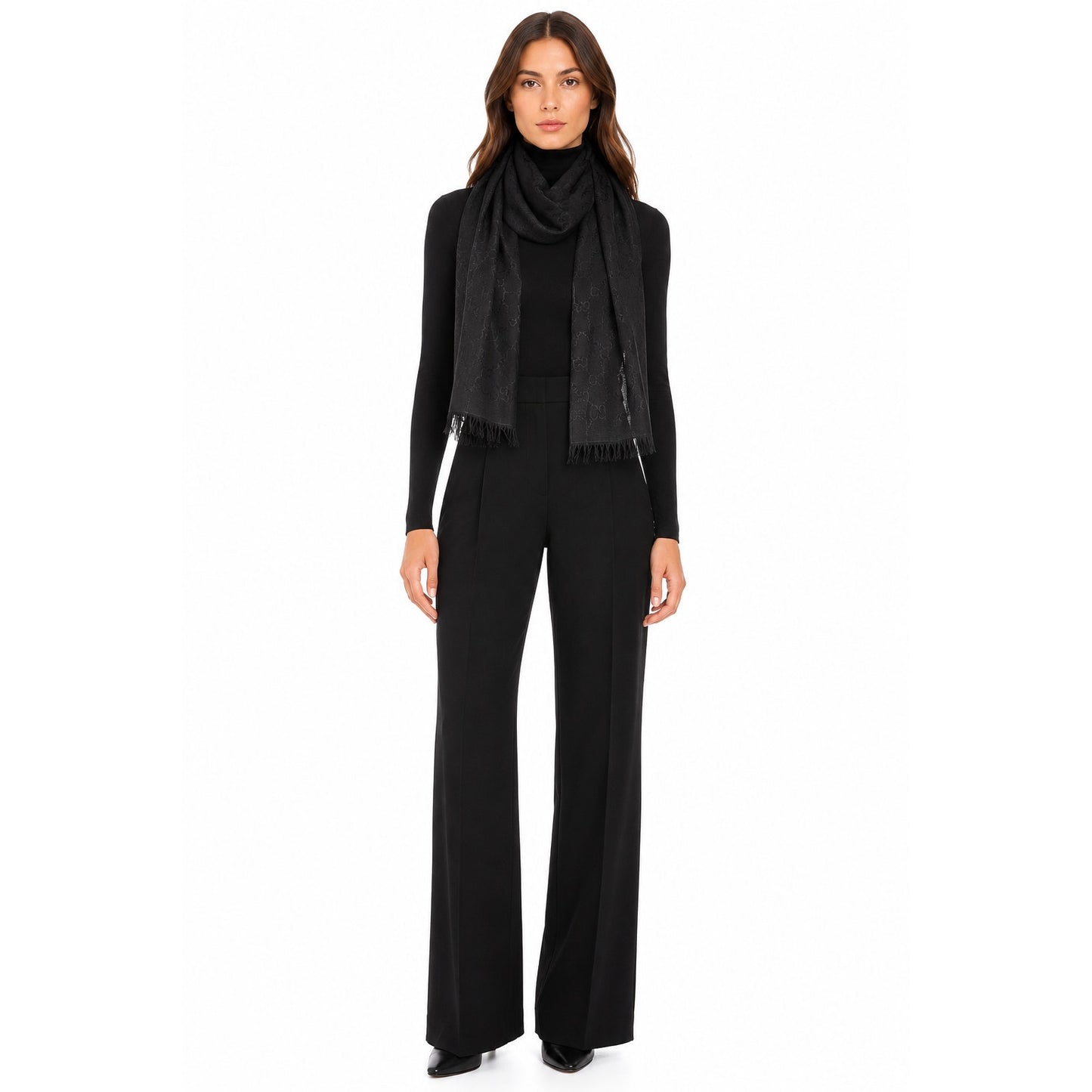 Gucci Wool Silk Jacquard GG Monogram Fringe Scarf