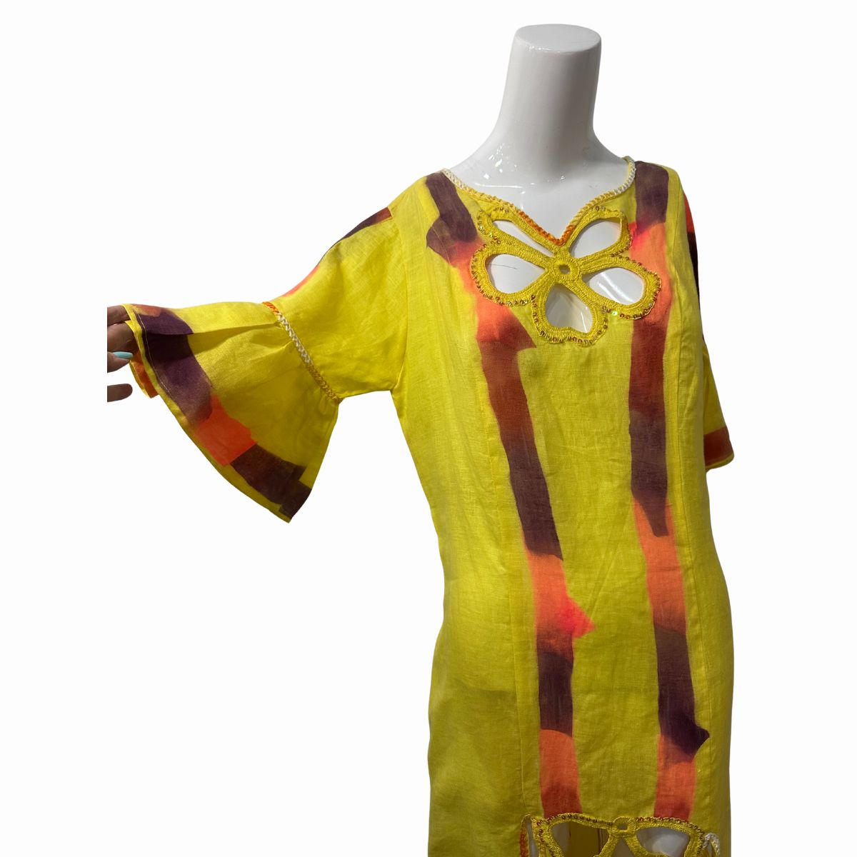 Myriam A. Floral Cutout Neck Bell Sleeve Midi Kaftan Dress Yellow One Size