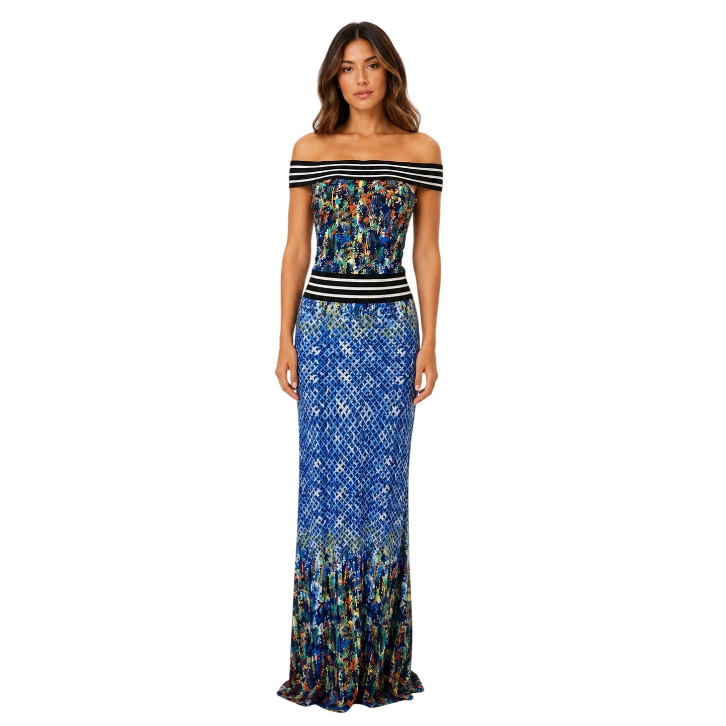 Palacio Stretch Knit Off Shoulder Abstract  Maxi Dress