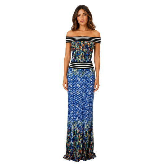 Palacio Stretch Knit Off Shoulder Abstract  Maxi Dress