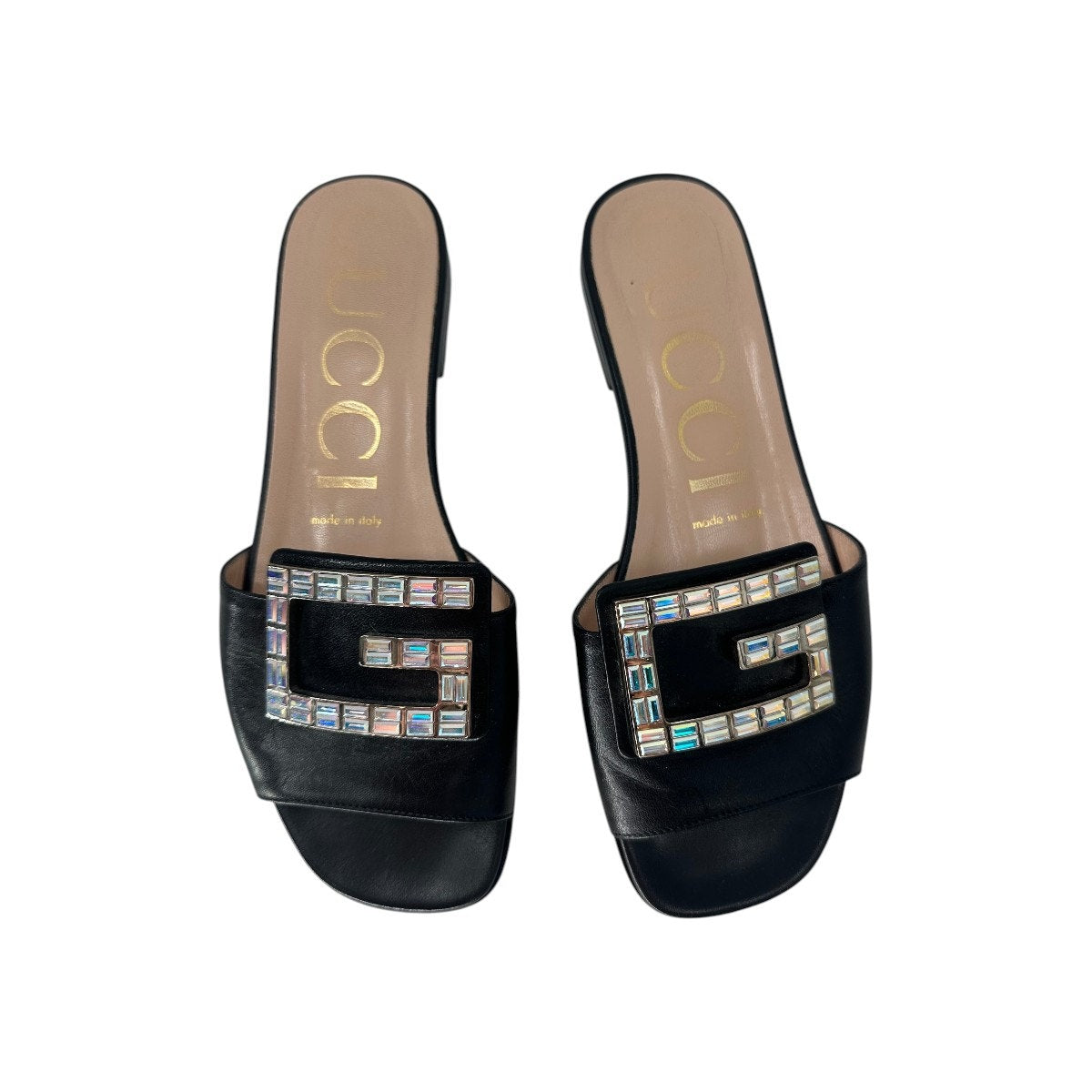 Gucci Leather Madelyn Crystal G Logo Slide Flats Sandals