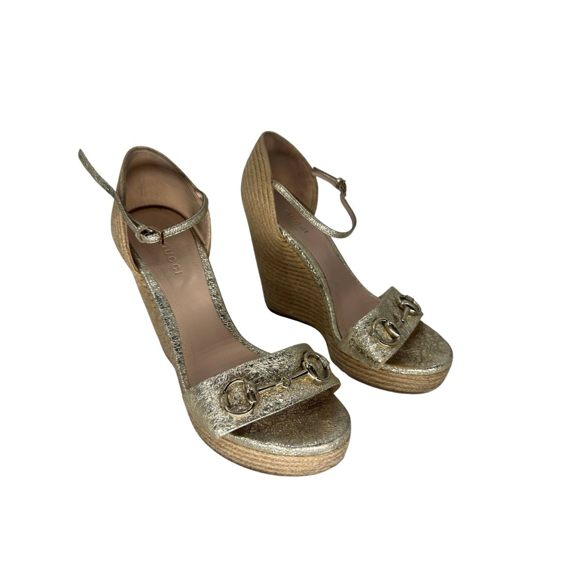 Gucci Leather Crackled Carolina Horsebit Espadrille Wedge Sandals
