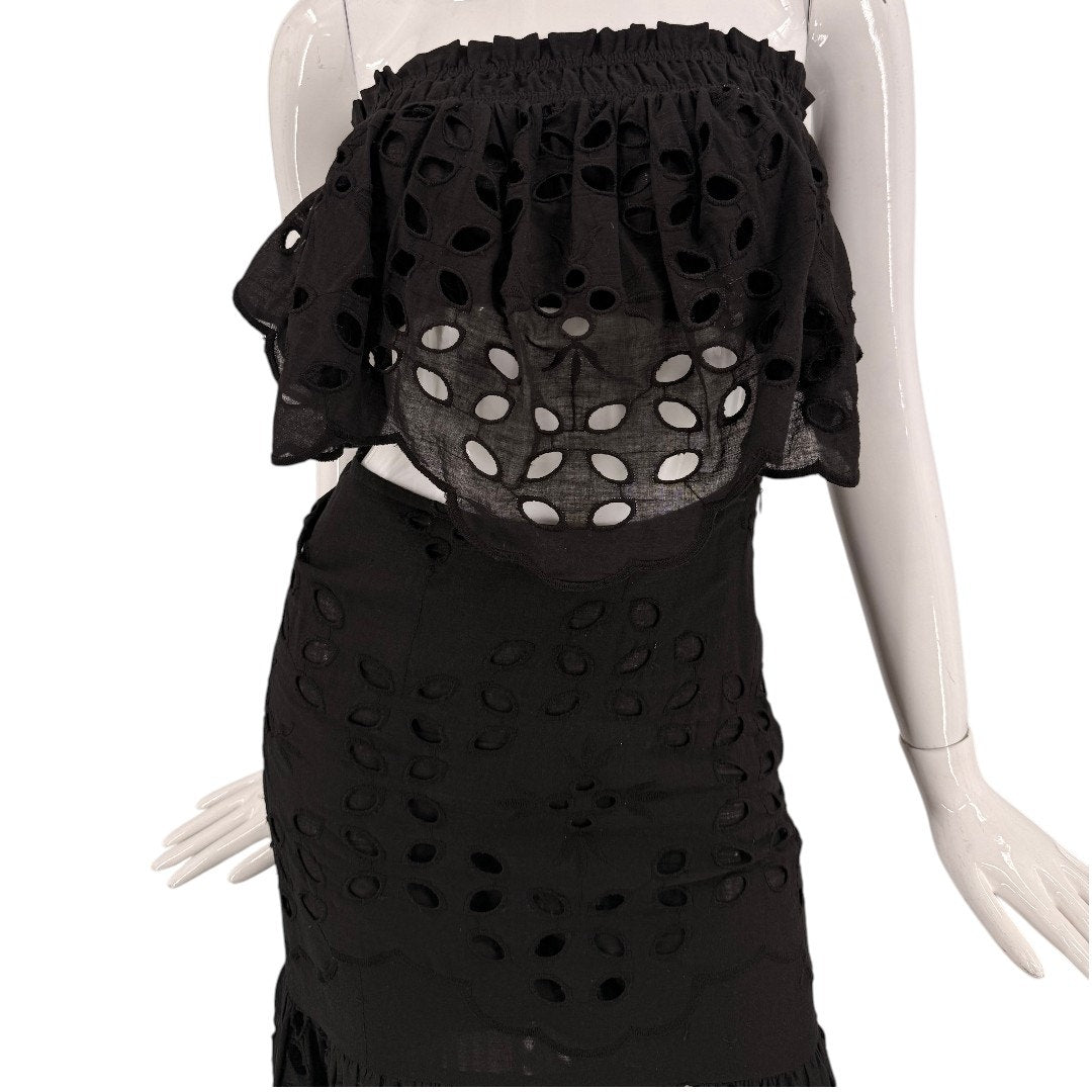 Luxxel Palm Chains Eyelet Embroidered Two Piece Maxi Skirt Set Black Women's S