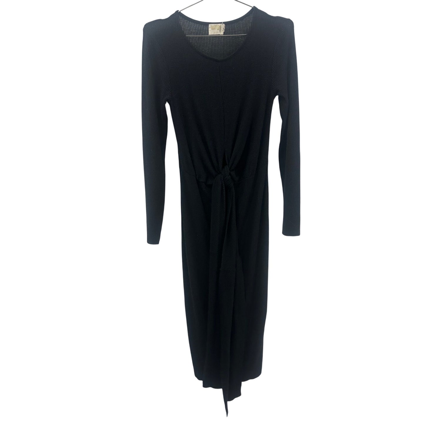 Nation Ltd. Black Ribbed Front Knot Accent Long Sleeve Midi Dress Women's