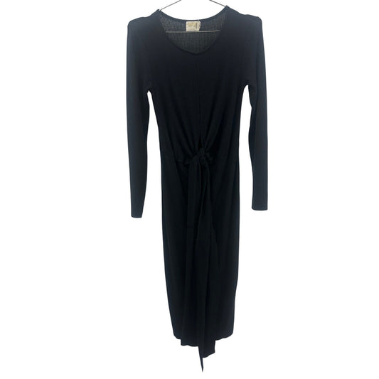 Nation Ltd. Black Ribbed Front Knot Accent Long Sleeve Midi Dress Women's