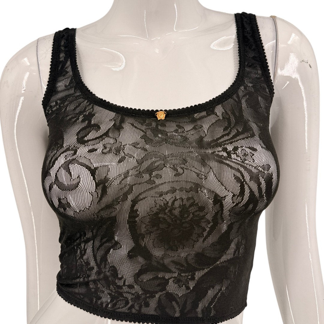 Versace Black Baroque Jacquard Tulle Sheer Cropped Tank Top