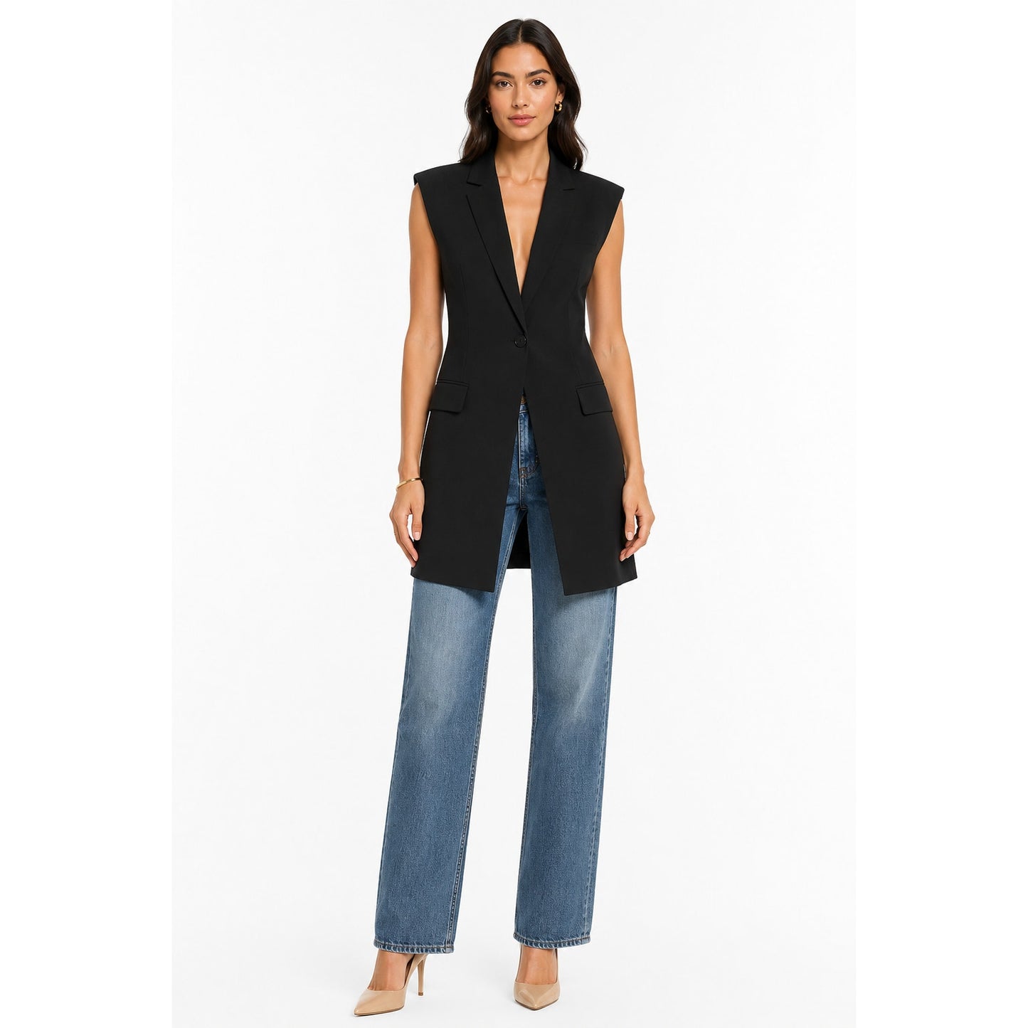 Imperial Sleeveless Longline Vest Blazer Black Women's Size Medium