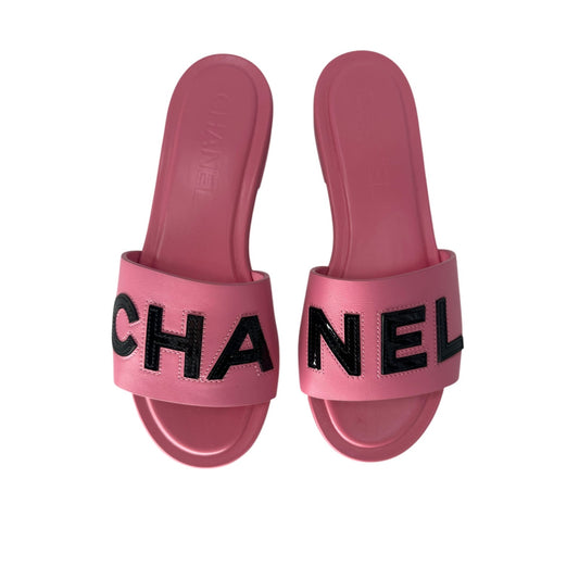 Chanel Leather Logo Accent Slides Mules