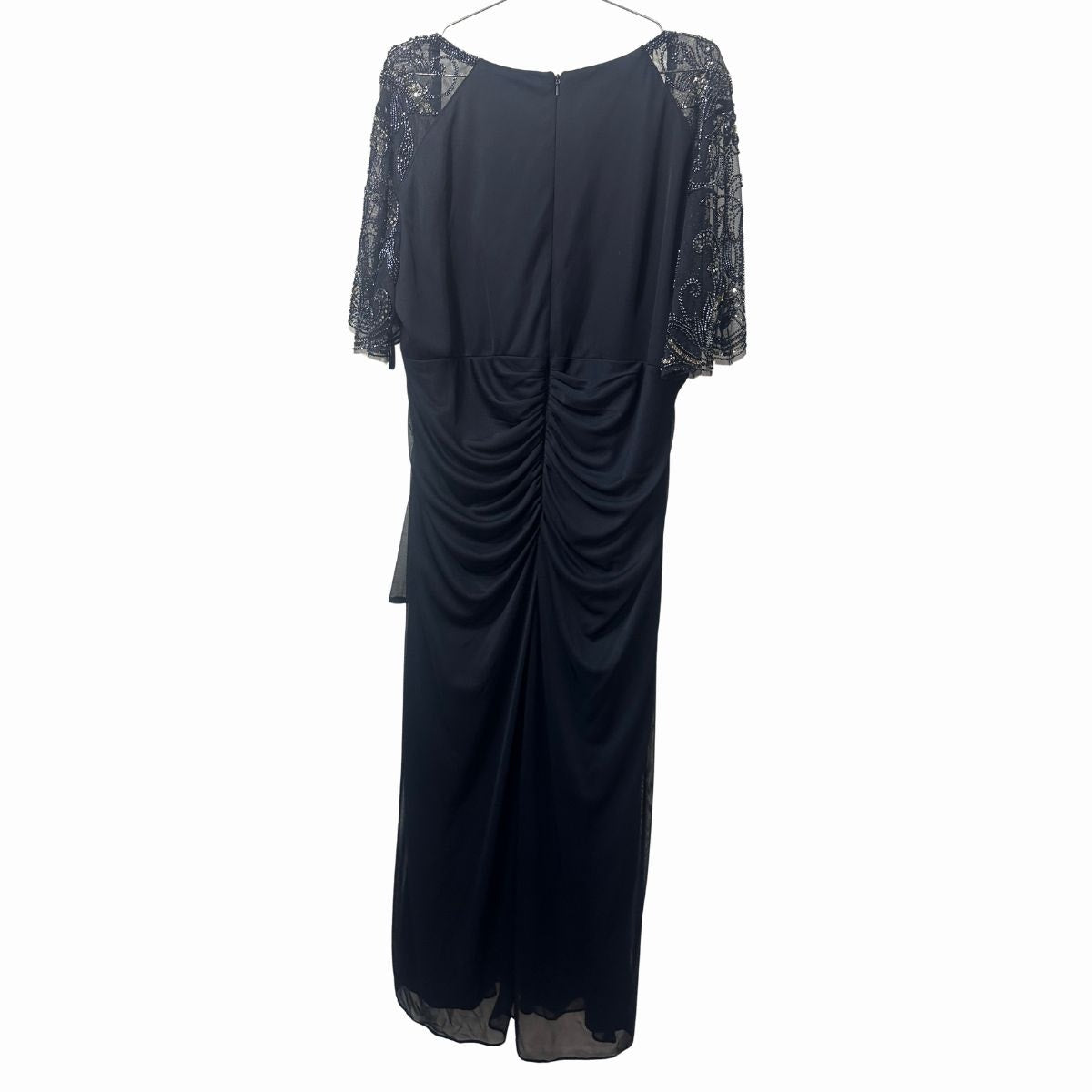 Xscape  Sheer Sequin Beaded Sleeve Ruched Jersey Maxi Dress